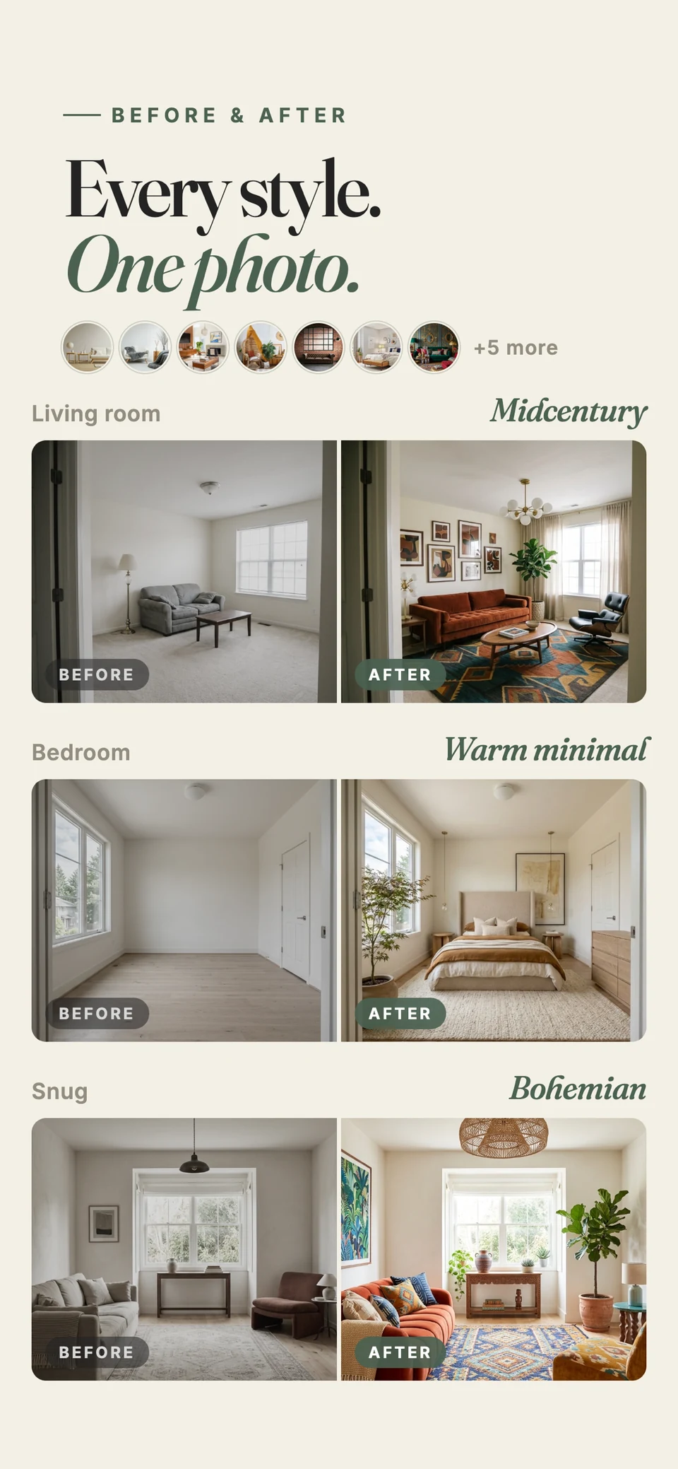 Aura compares original rooms with mid-century, warm minimal and bohemian redesigns.