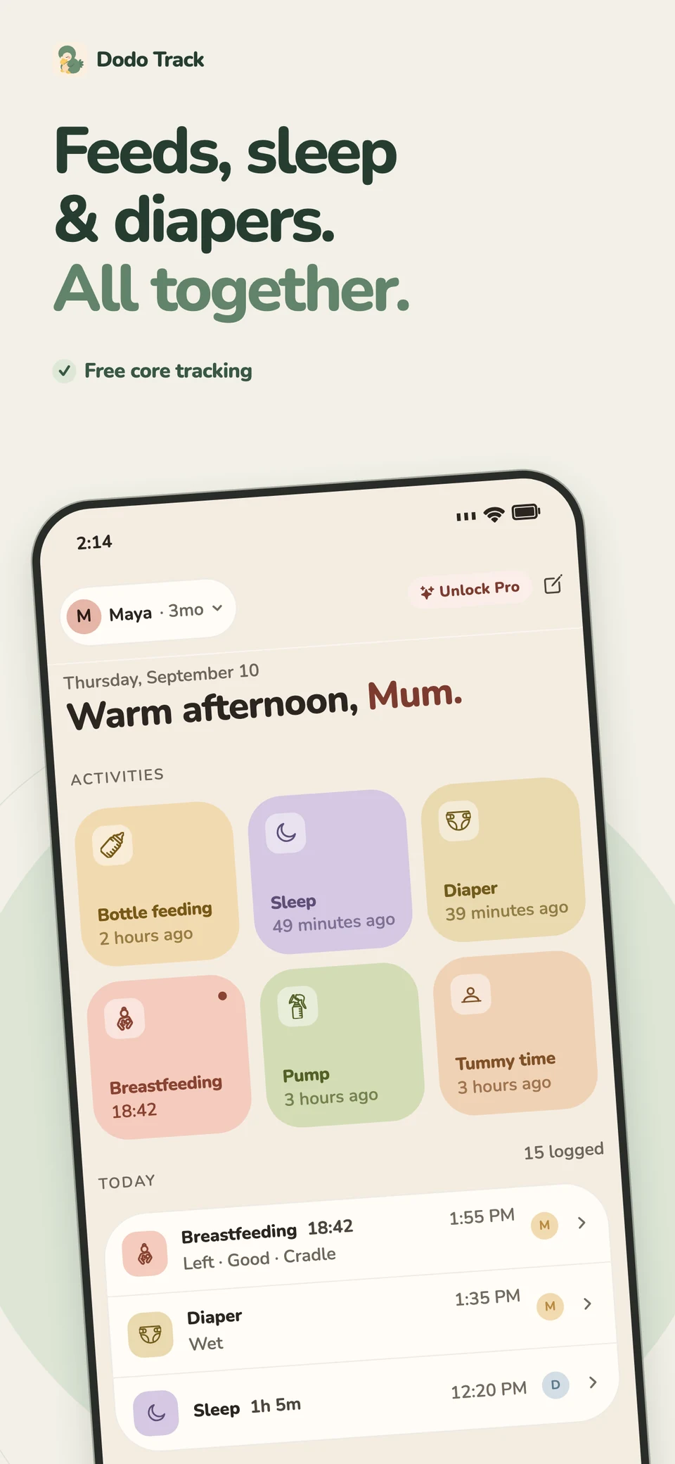Dodo Track home screen with feeds, sleep and nappy activity tiles.