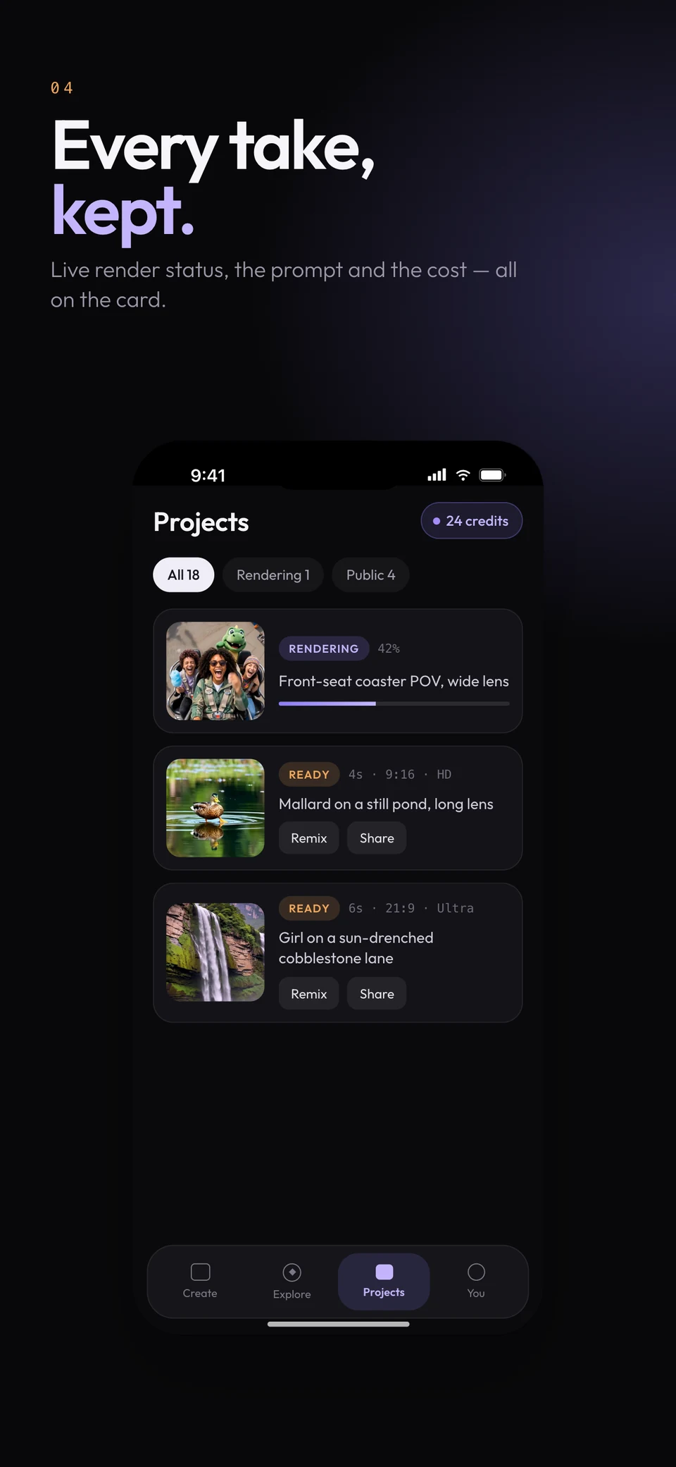 DreamLoop project library keeps generated videos and their prompts together.
