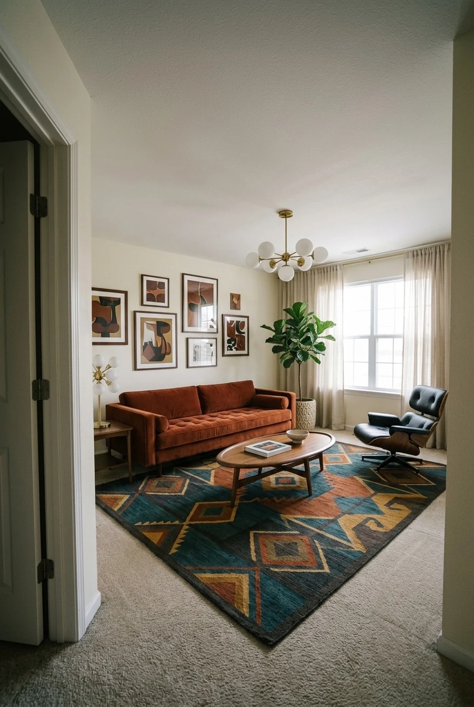 The same showcase room reimagined with a terracotta sofa, gallery wall and colourful rug.