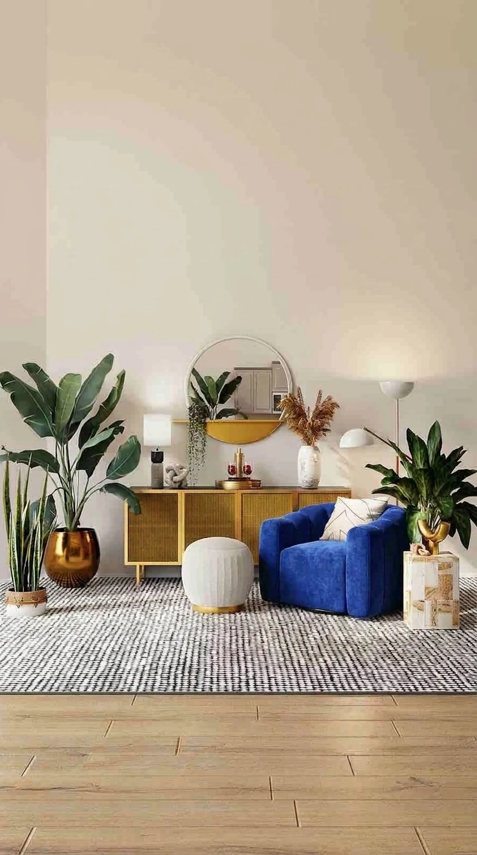 Aura’s room styling showcase with a cobalt blue chair, plants and warm natural materials.