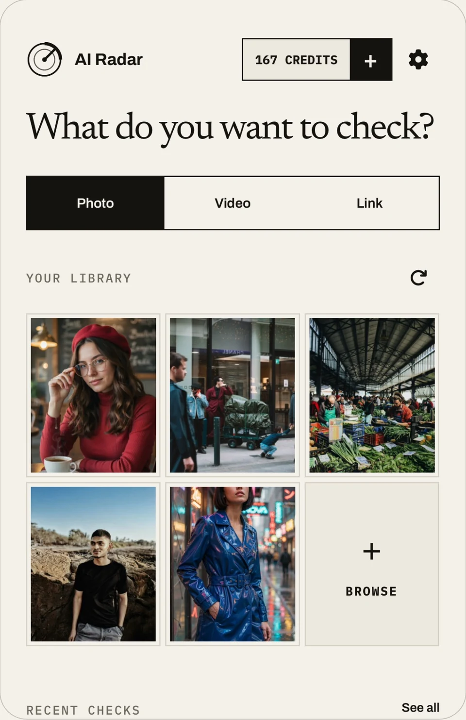 AI Radar’s media selection interface, with Photo, Video and Link options and an image library.