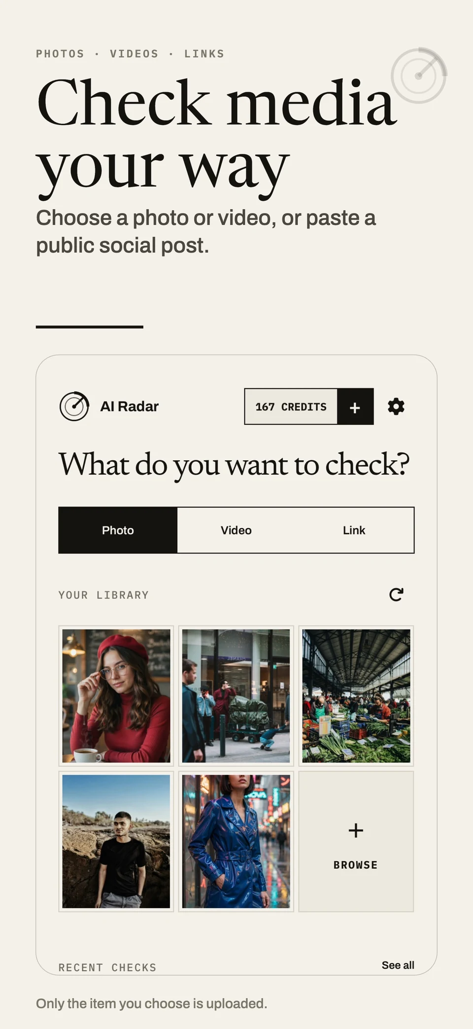 AI Radar lets you choose a photo, video or public social link to check.